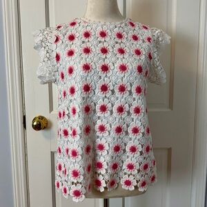 J. Crew Mosaic White & Pink Floral Lace Crochet Top, S